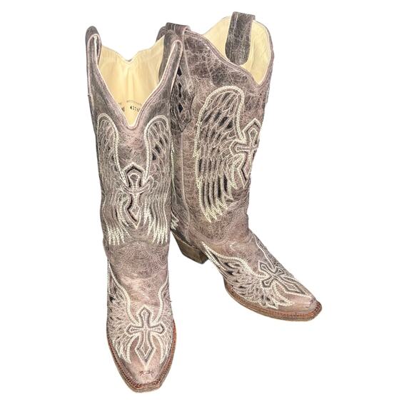 CORRAL WOMEN BROWN GLITTER INLAY CROSS AND WING EMBROIDER LEATHER COWBOY BOOT 8 - Picture 3 of 11